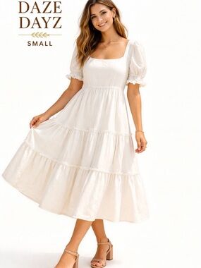 Daze Dayz Off White Midi Dress Small Puff Sleeve Cottagecore